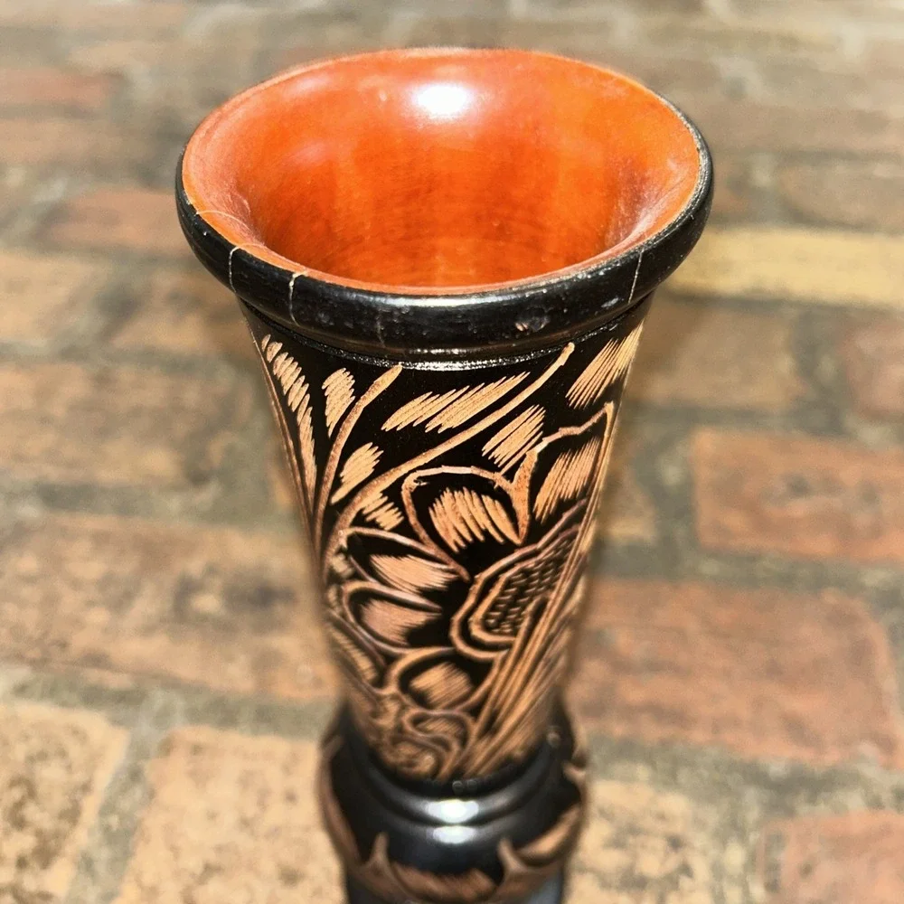 Floral Boho Vintage Tall Hand Carved Solid Red Tint Wood Vase Pedestal‎ 10